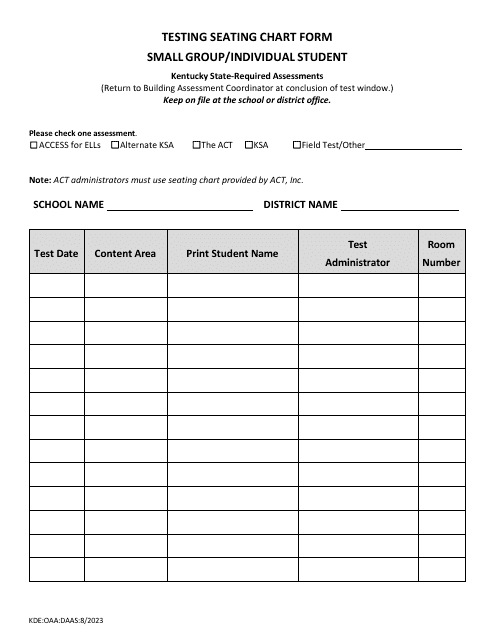 Testing Seating Chart Form - Small Group/Individual Student - Kentucky