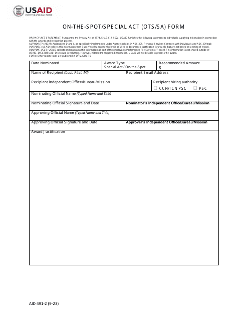 Form AID491-2 On-The-Spot/Special Act (Ots/Sa) Form