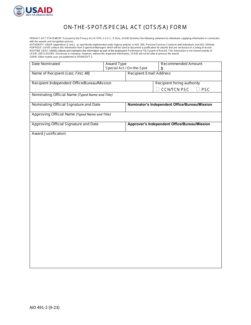 Form AID491-2 On-The-Spot / Special Act (Ots / Sa) Form, Page 1