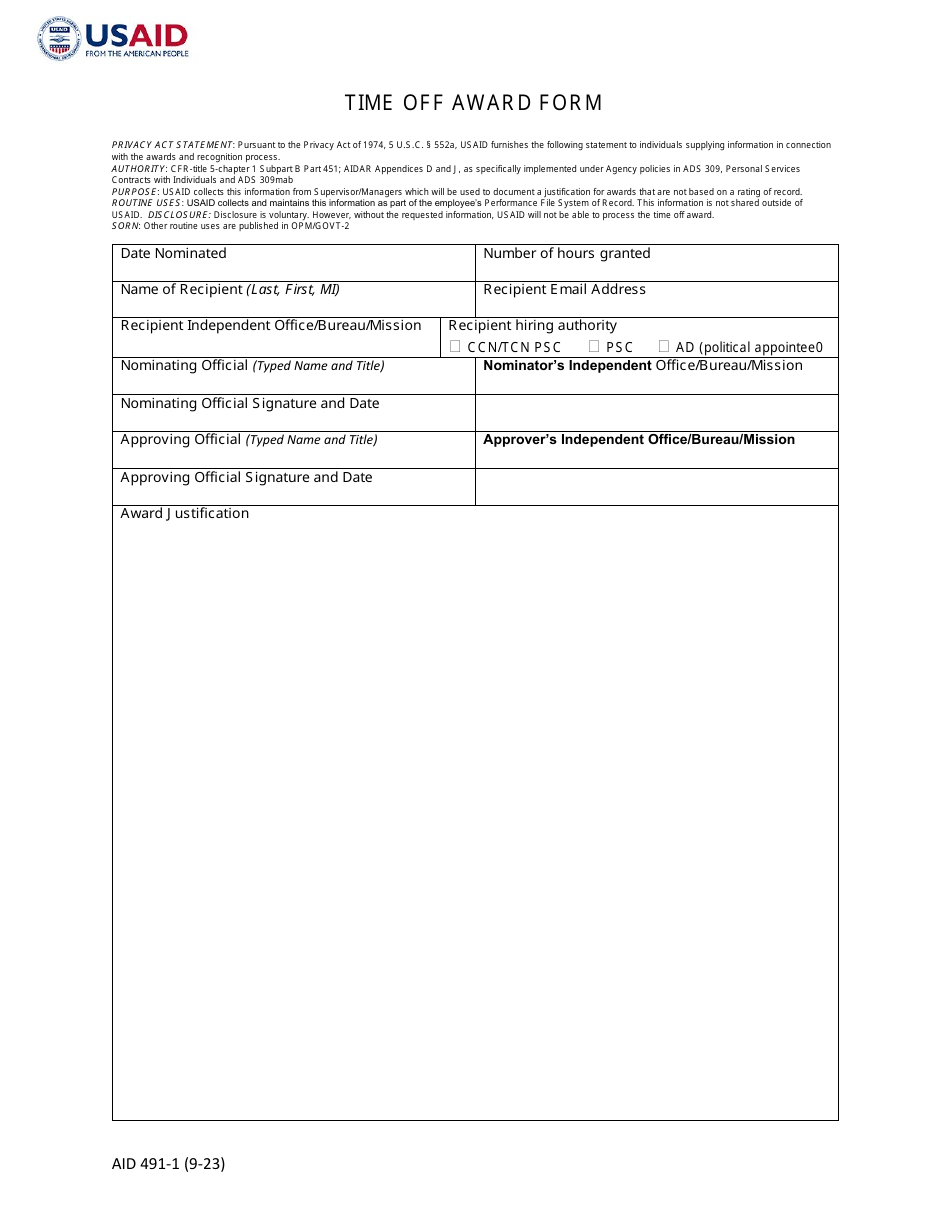 Form AID491-1 Time off Award Form, Page 1