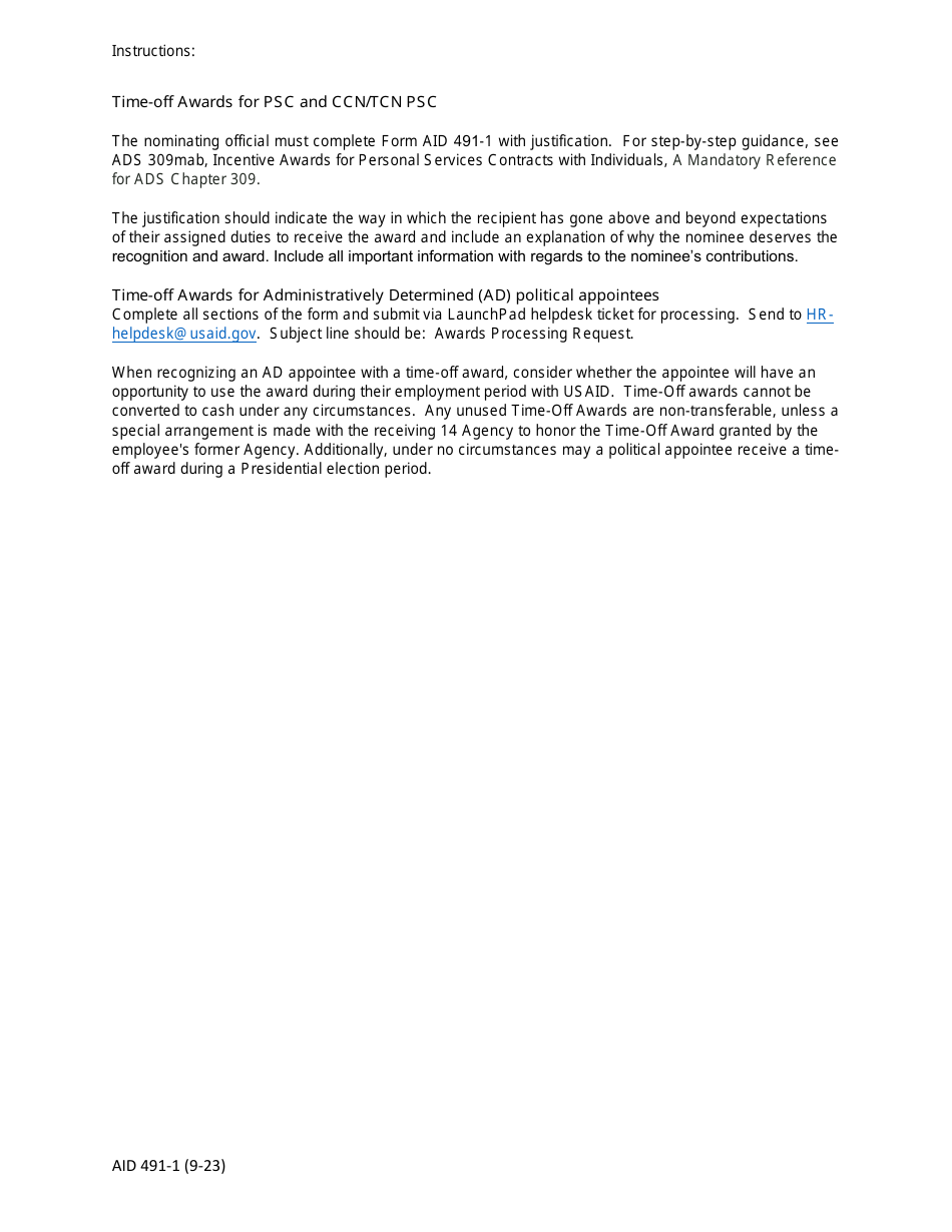 Form AID491-1 Time off Award Form, Page 2
