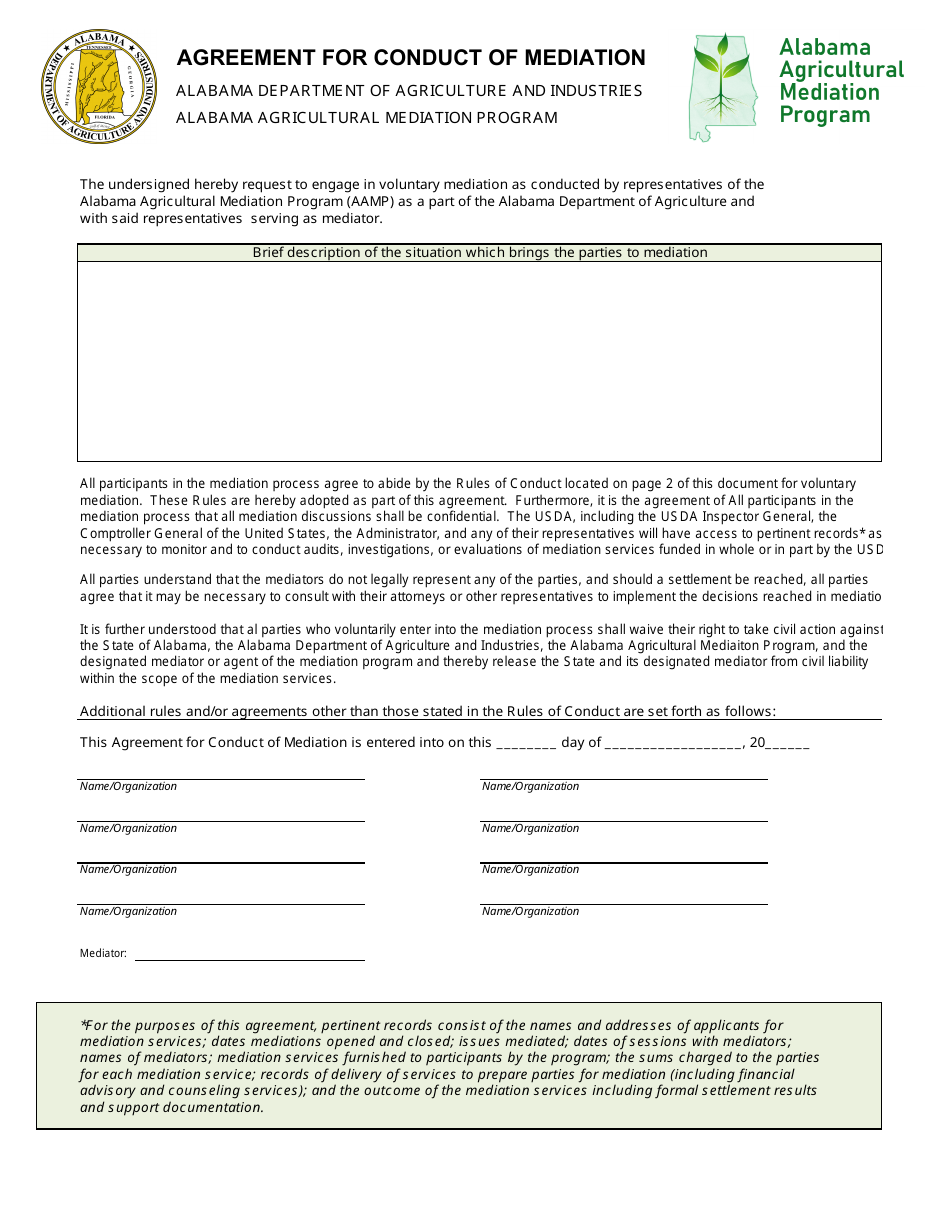 Agreement for Conduct of Mediation - Alabama Agricultural Mediation Program - Alabama, Page 1