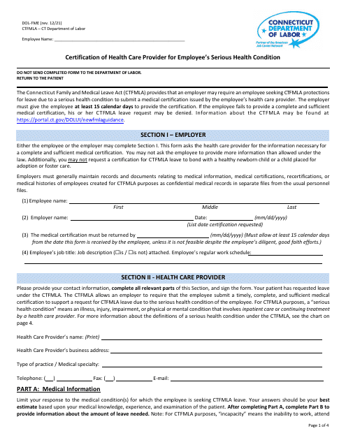 Form DOL-FME Certification of Health Care Provider for Employee's Serious Health Condition - Connecticut