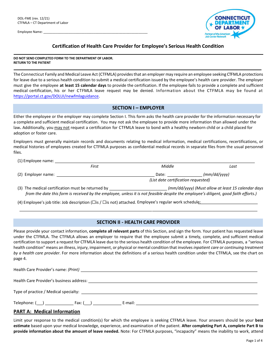 Form DOL-FME Certification of Health Care Provider for Employees Serious Health Condition - Connecticut, Page 1
