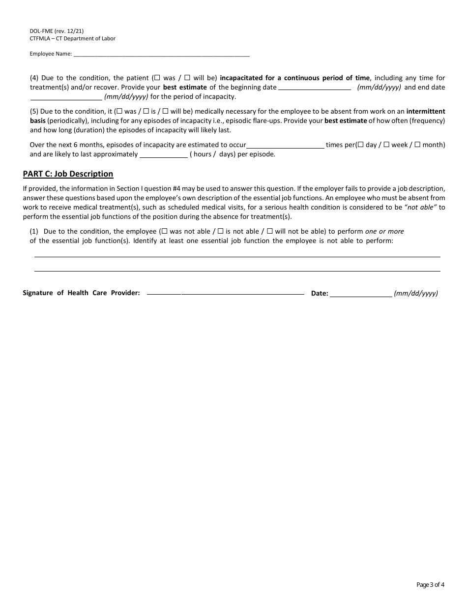 Form DOL-FME Certification of Health Care Provider for Employees Serious Health Condition - Connecticut, Page 3