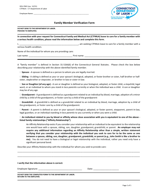 Form DOL-FMV Family Member Verification Form - Connecticut