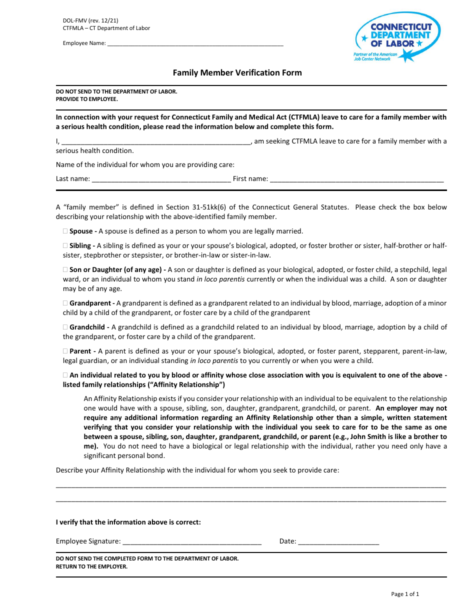 Form DOL-FMV Family Member Verification Form - Connecticut, Page 1