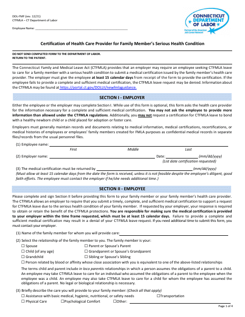 Form DOL-FMF Certification of Health Care Provider for Family Member's Serious Health Condition - Connecticut