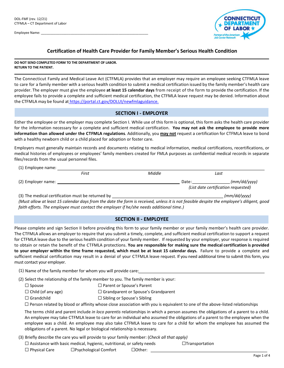 Form DOL-FMF Certification of Health Care Provider for Family Members Serious Health Condition - Connecticut, Page 1