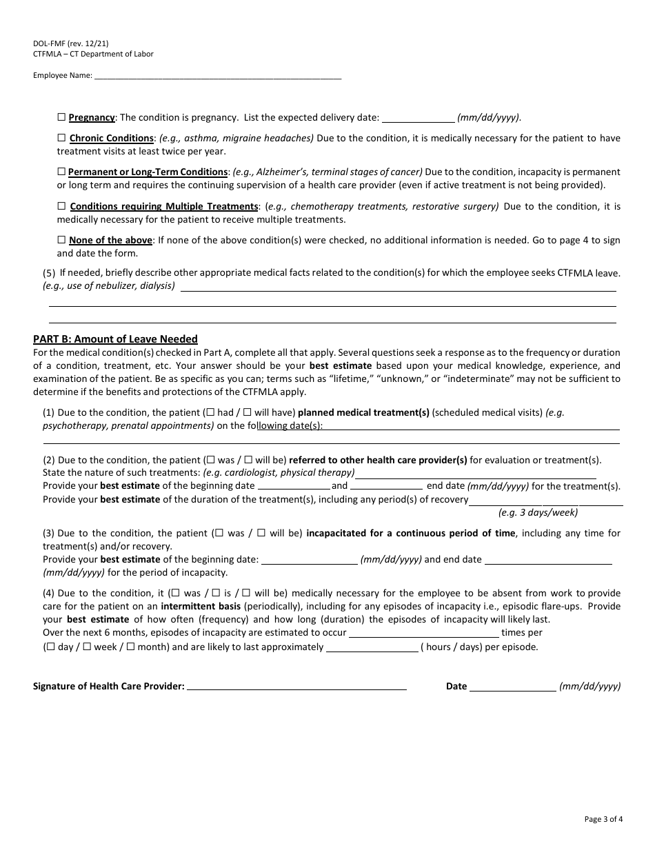 Form DOL-FMF Certification of Health Care Provider for Family Members Serious Health Condition - Connecticut, Page 3