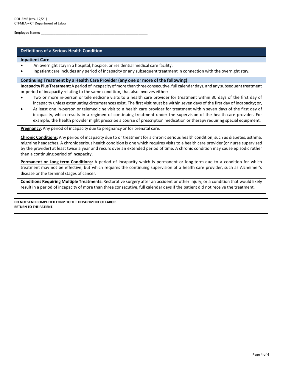 Form DOL-FMF Certification of Health Care Provider for Family Members Serious Health Condition - Connecticut, Page 4