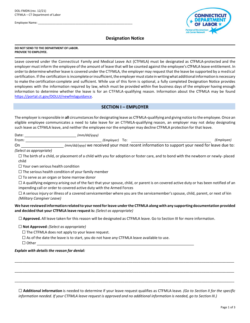 Form DOL-FMDN Designation Notice - Connecticut, Page 1