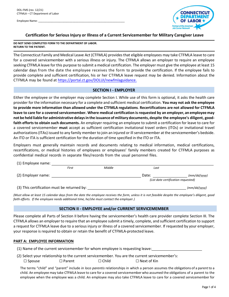 Form DOL-FMS Certification for Serious Injury or Illness of a Current Servicemember for Military Caregiver Leave - Connecticut, Page 1