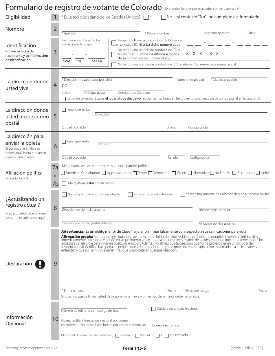 Formulario 115-S Formulario De Registro De Votante De Colorado - Colorado (Spanish), Page 1