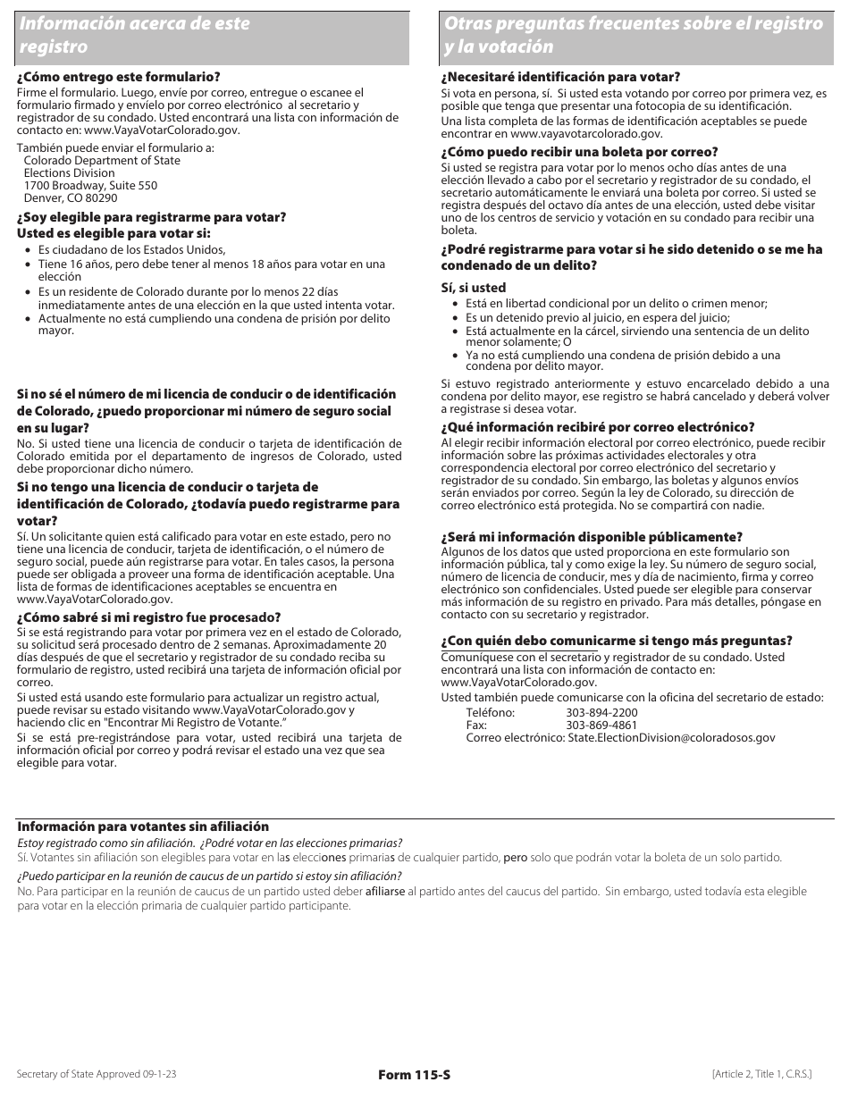 Formulario 115-S Formulario De Registro De Votante De Colorado - Colorado (Spanish), Page 2