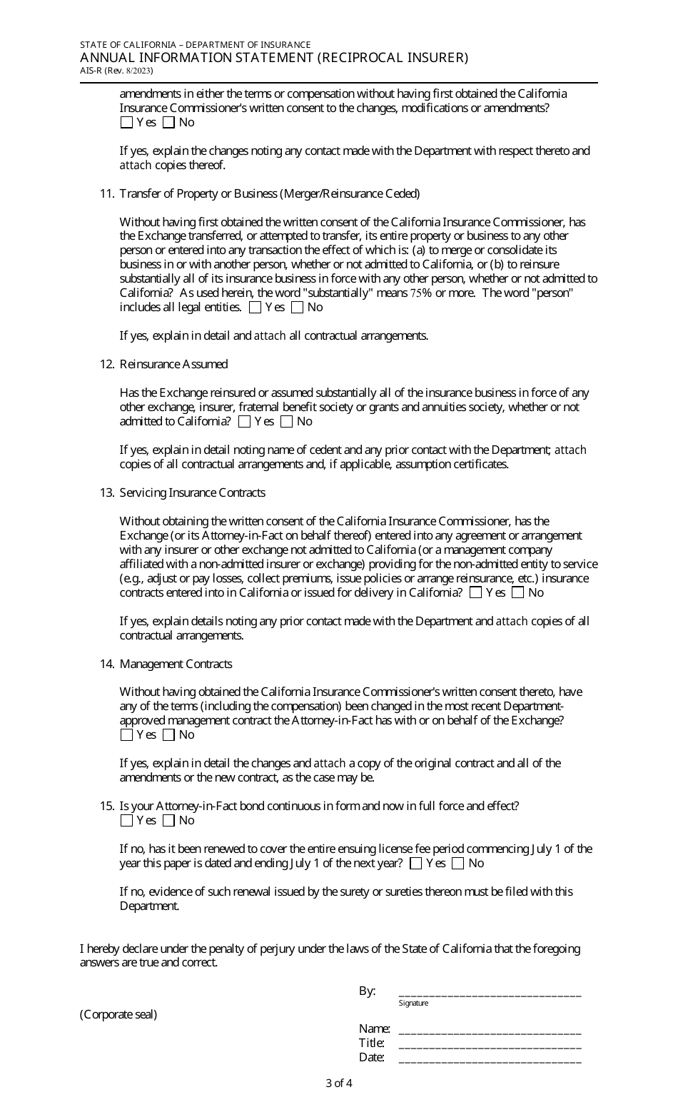 Form AIS-R Annual Information Statement (Reciprocal Insurer) - California, Page 3