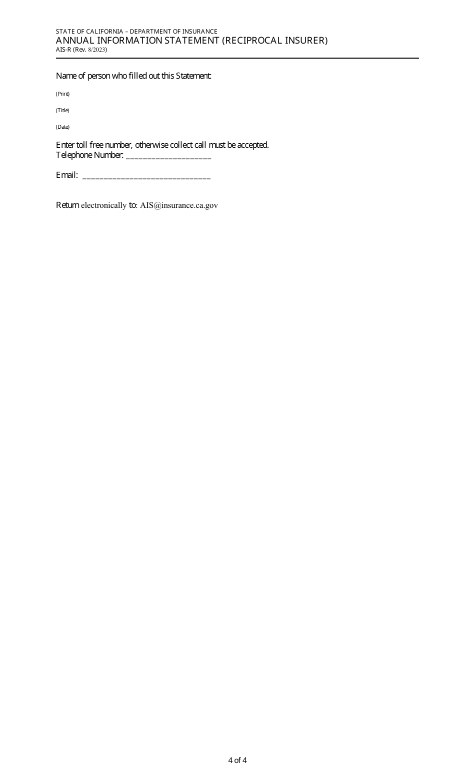 Form AIS-R Annual Information Statement (Reciprocal Insurer) - California, Page 4
