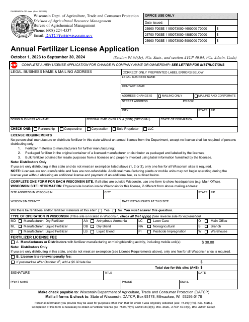Form DARM-BACM-002 Annual Fertilizer License Application - Wisconsin, 2024