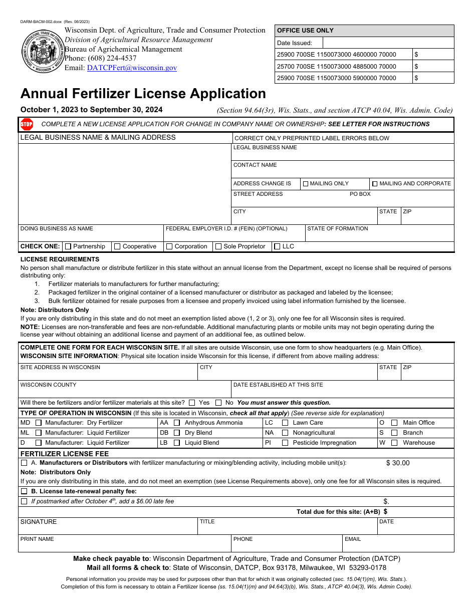 Form DARM-BACM-002 Annual Fertilizer License Application - Wisconsin, Page 1