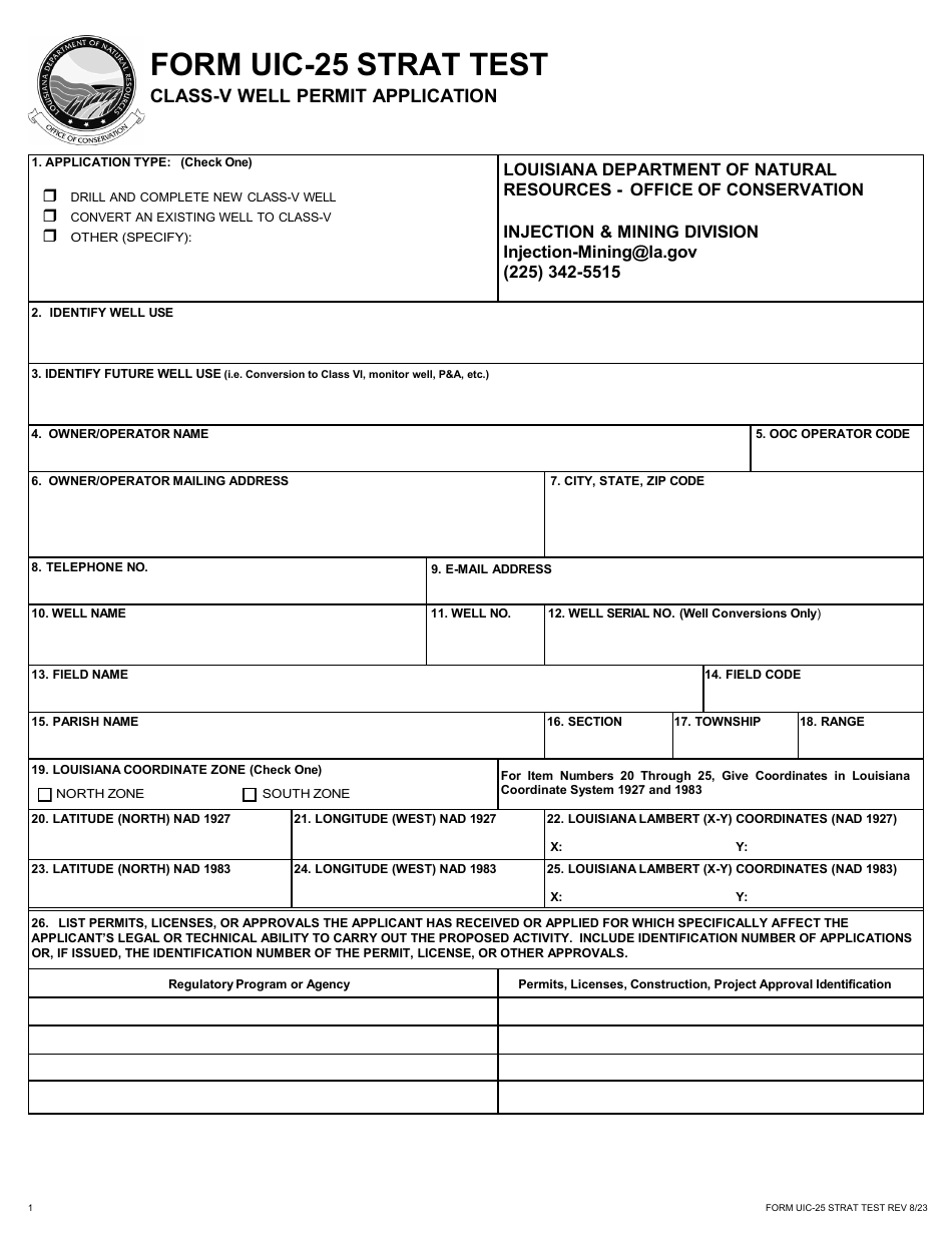 Form UIC-25 STRAT TEST Class V Stratigraphic Test Well Permit Application - Louisiana, Page 1