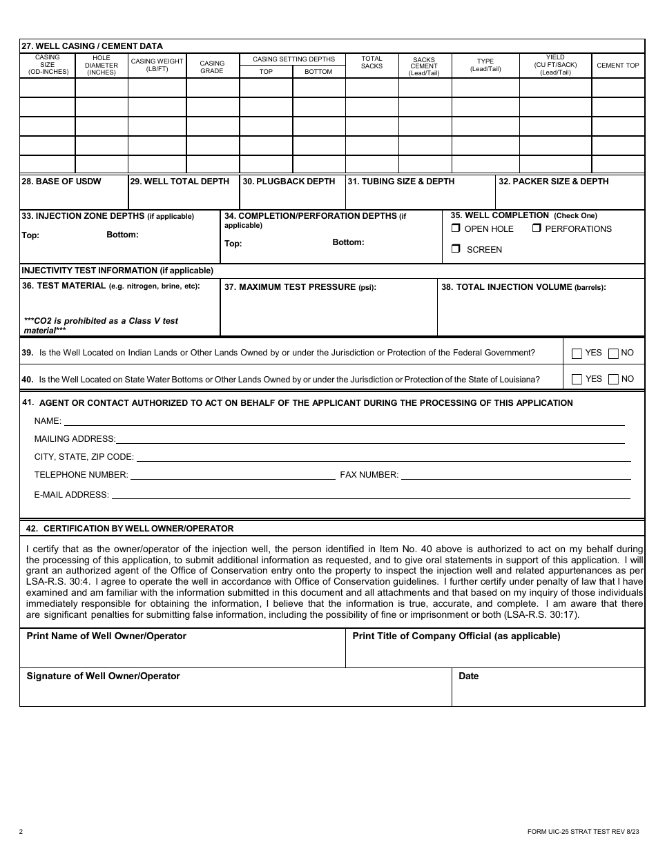 Form UIC-25 STRAT TEST Class V Stratigraphic Test Well Permit Application - Louisiana, Page 2