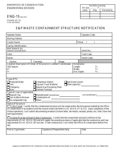 Form ENG-15 E&p Waste Containment Structure Notification - Louisiana