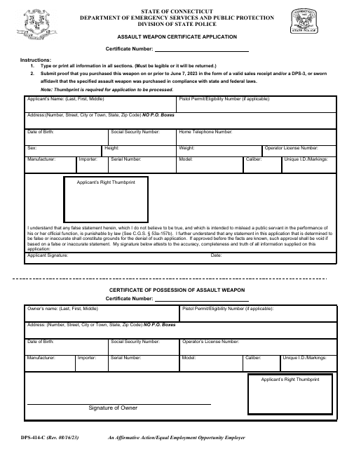 Form DPS-414-C Assault Weapon Certificate Application - Connecticut