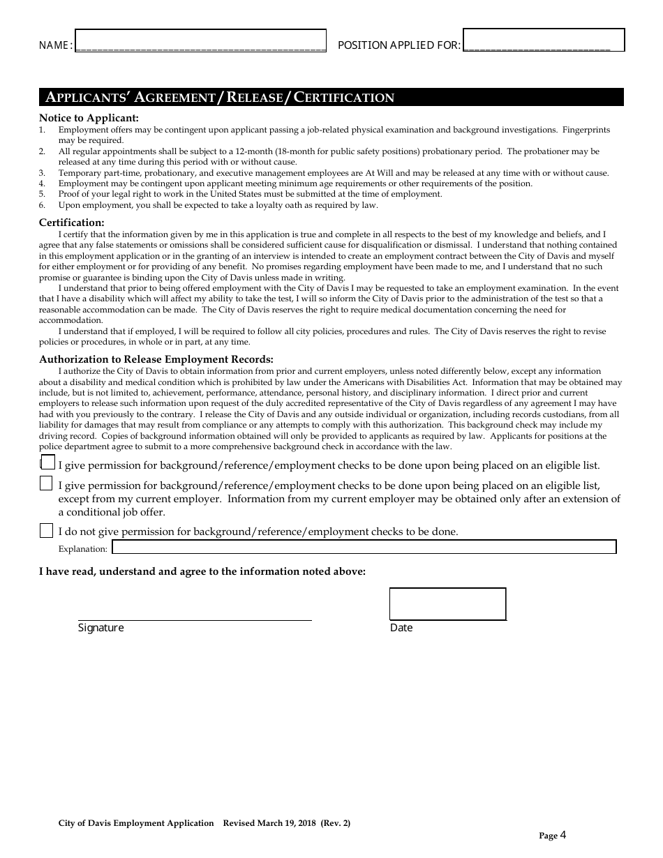 Employment Application - City of Davis, California, Page 4