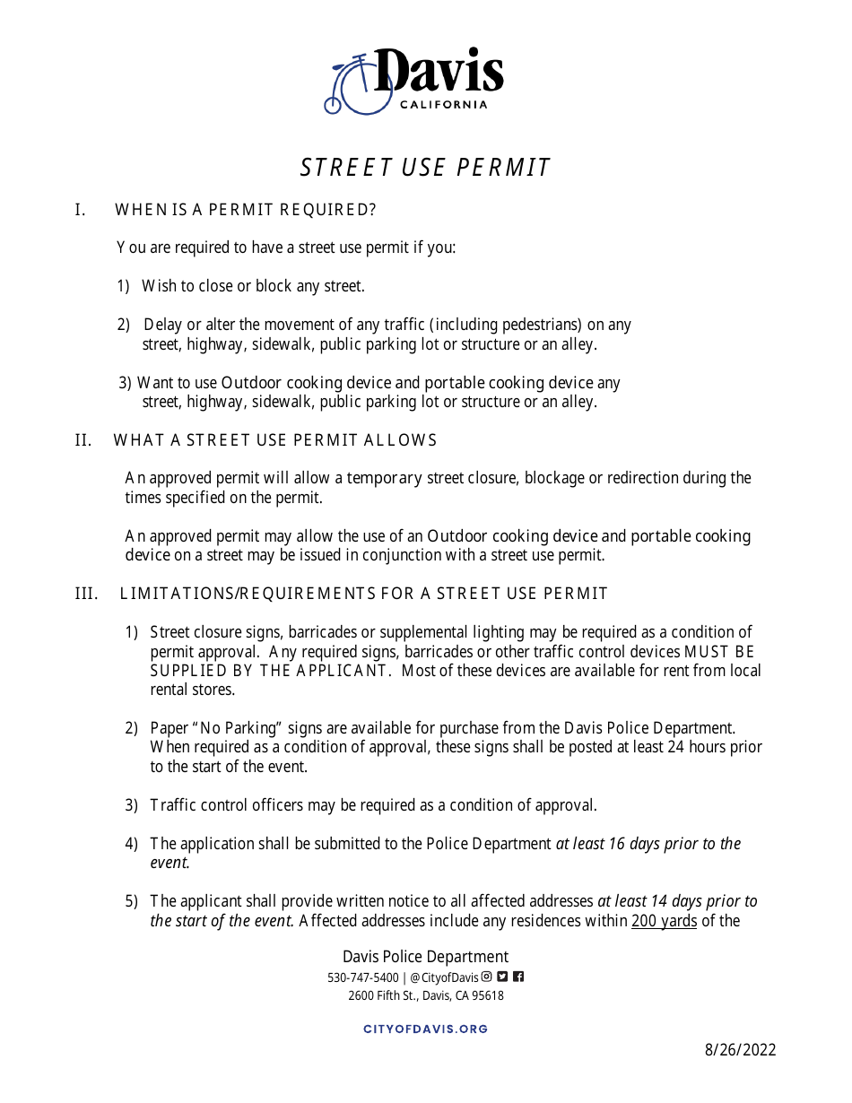 Street Use Permit Application - City of Davis, California, Page 1