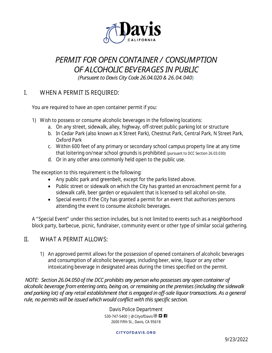 Permit for Open Container / Consumption of Alcoholic Beverages in Public - City of Davis, California, Page 1