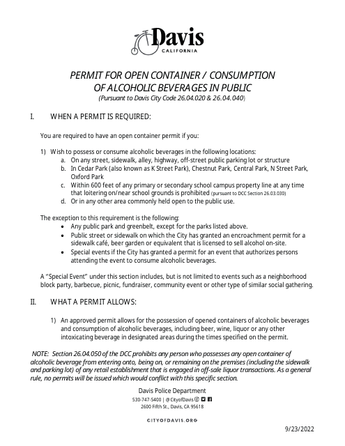 Permit for Open Container / Consumption of Alcoholic Beverages in Public - City of Davis, California Download Pdf