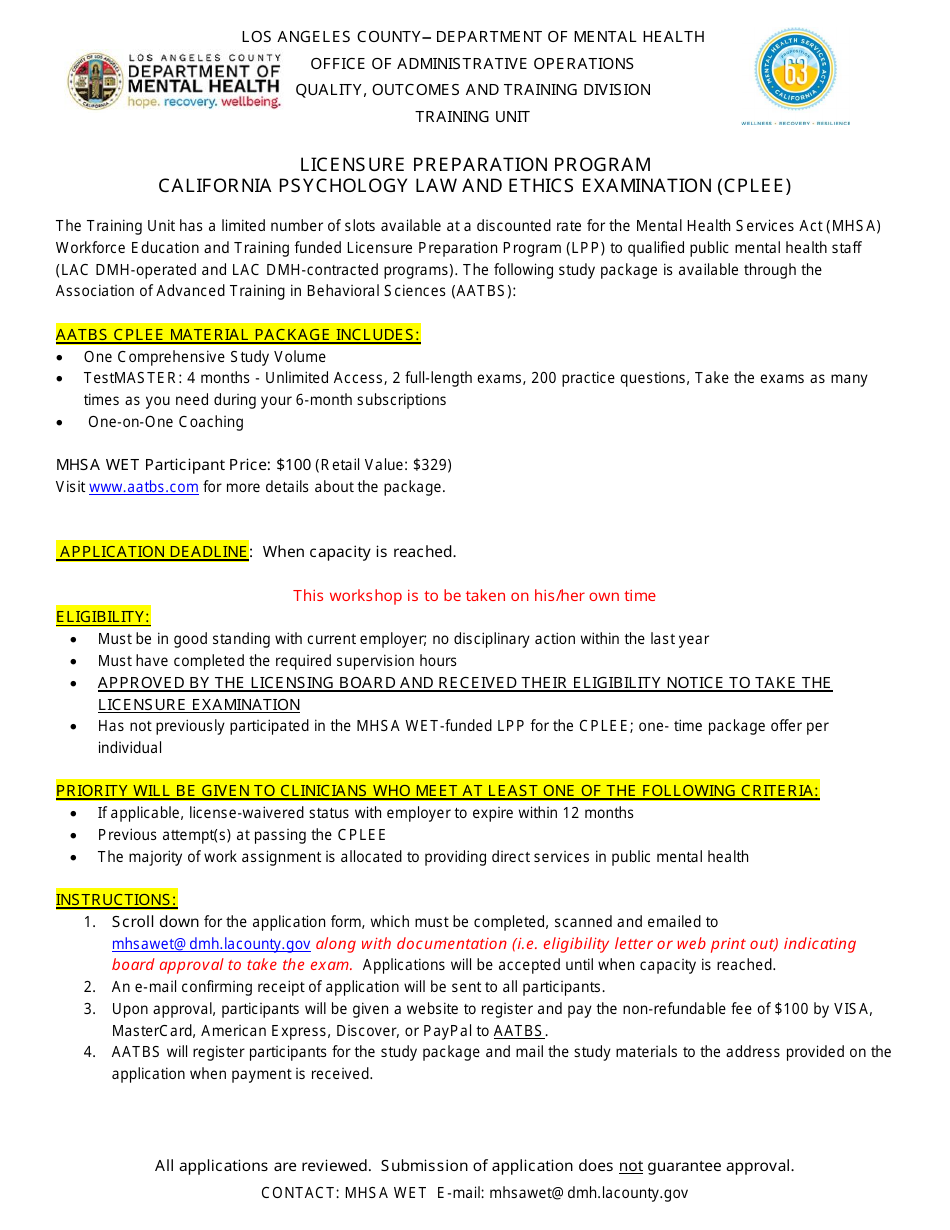 California Psychology Law and Ethics Examination (Cplee) - Licensure Preparation Program - County of Los Angeles, California, Page 1