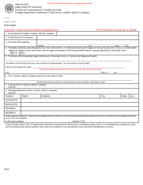 Foreign Registration Statement (Tribal Series Limited Liability Company) - Utah Download Pdf