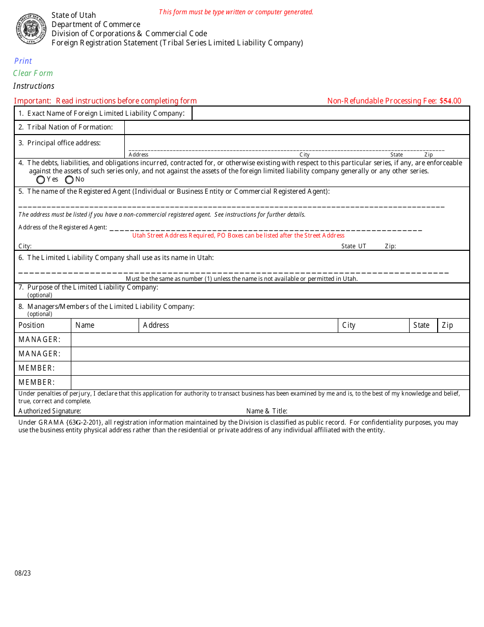 Utah Foreign Registration Statement (Tribal Series Limited Liability Company) Download Fillable