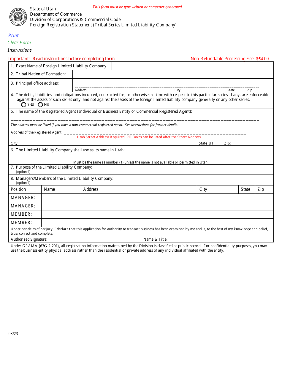 Foreign Registration Statement (Tribal Series Limited Liability Company) - Utah, Page 1