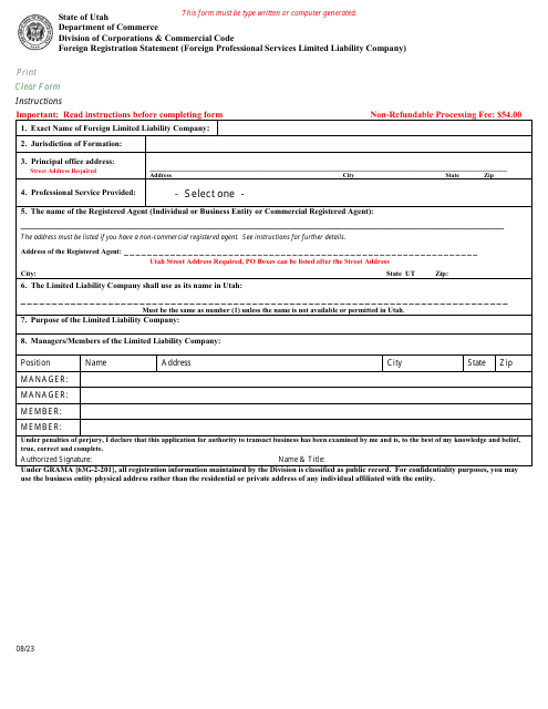 Foreign Registration Statement (Foreign Professional Services Limited Liability Company) - Utah Download Pdf
