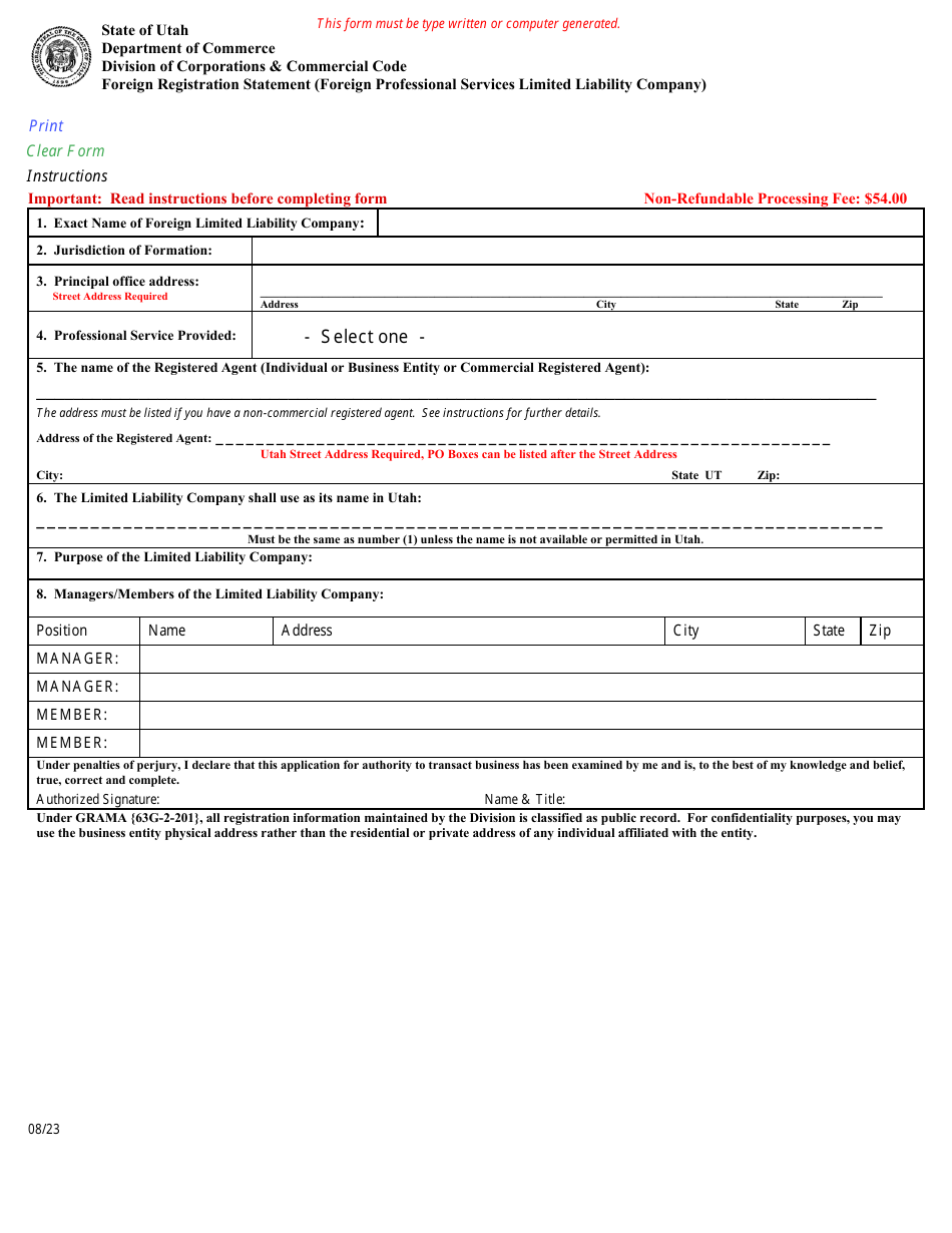 Foreign Registration Statement (Foreign Professional Services Limited Liability Company) - Utah, Page 1
