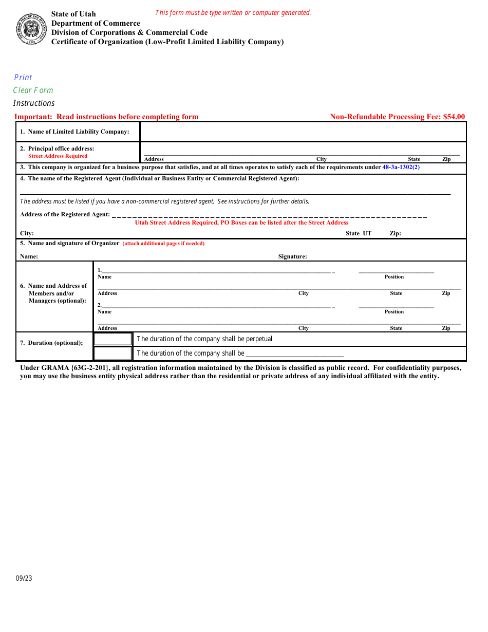 Certificate of Organization (Low-Profit Limited Liability Company) - Utah, Page 1