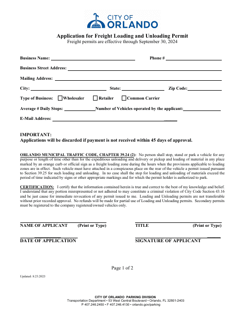Application for Freight Loading and Unloading Permit - City of Orlando, Florida, 2024