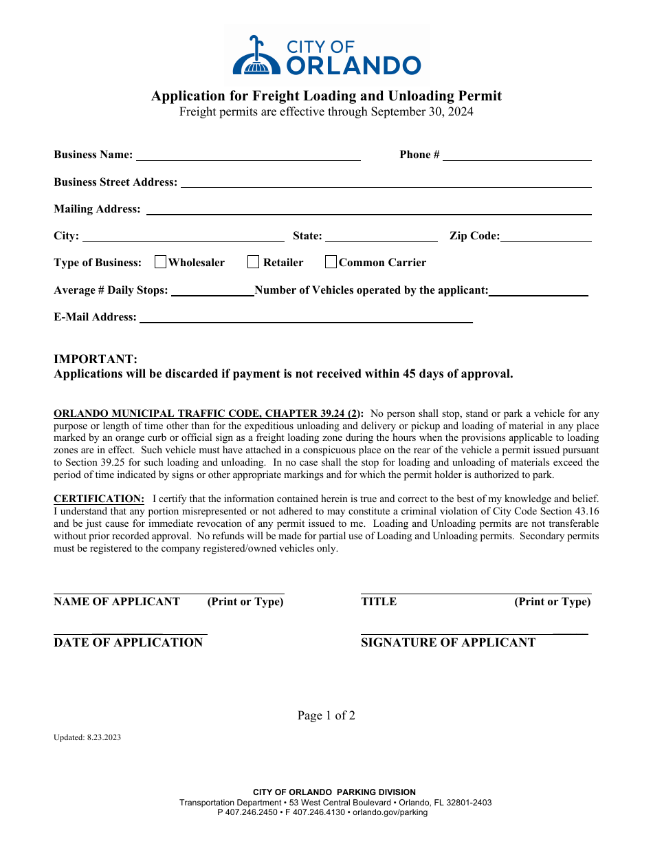Application for Freight Loading and Unloading Permit - City of Orlando, Florida, Page 1
