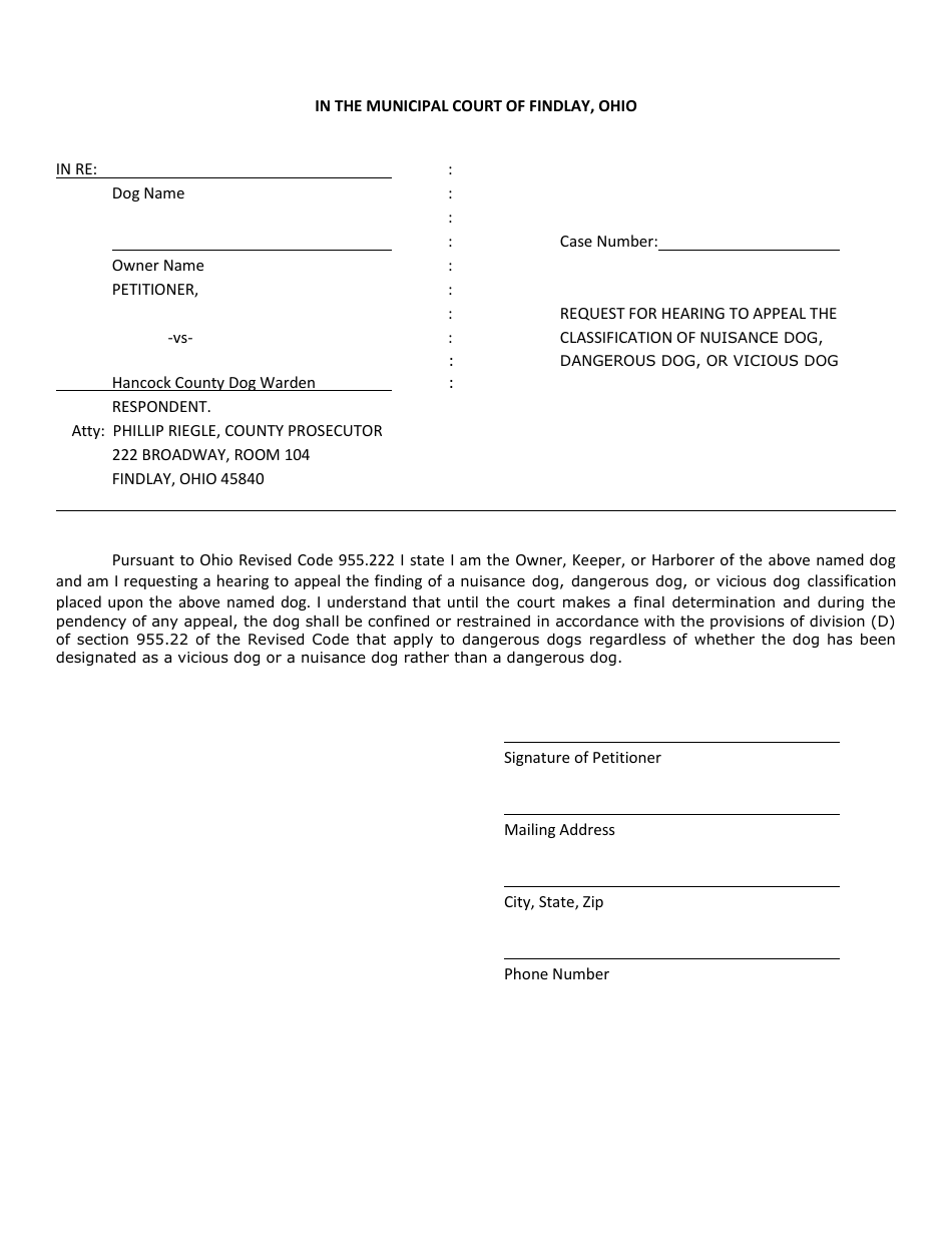 Request for Hearing to Appeal the Classification of Nuisance Dog, Dangerous Dog, or Vicious Dog - City of Findlay, Ohio, Page 2