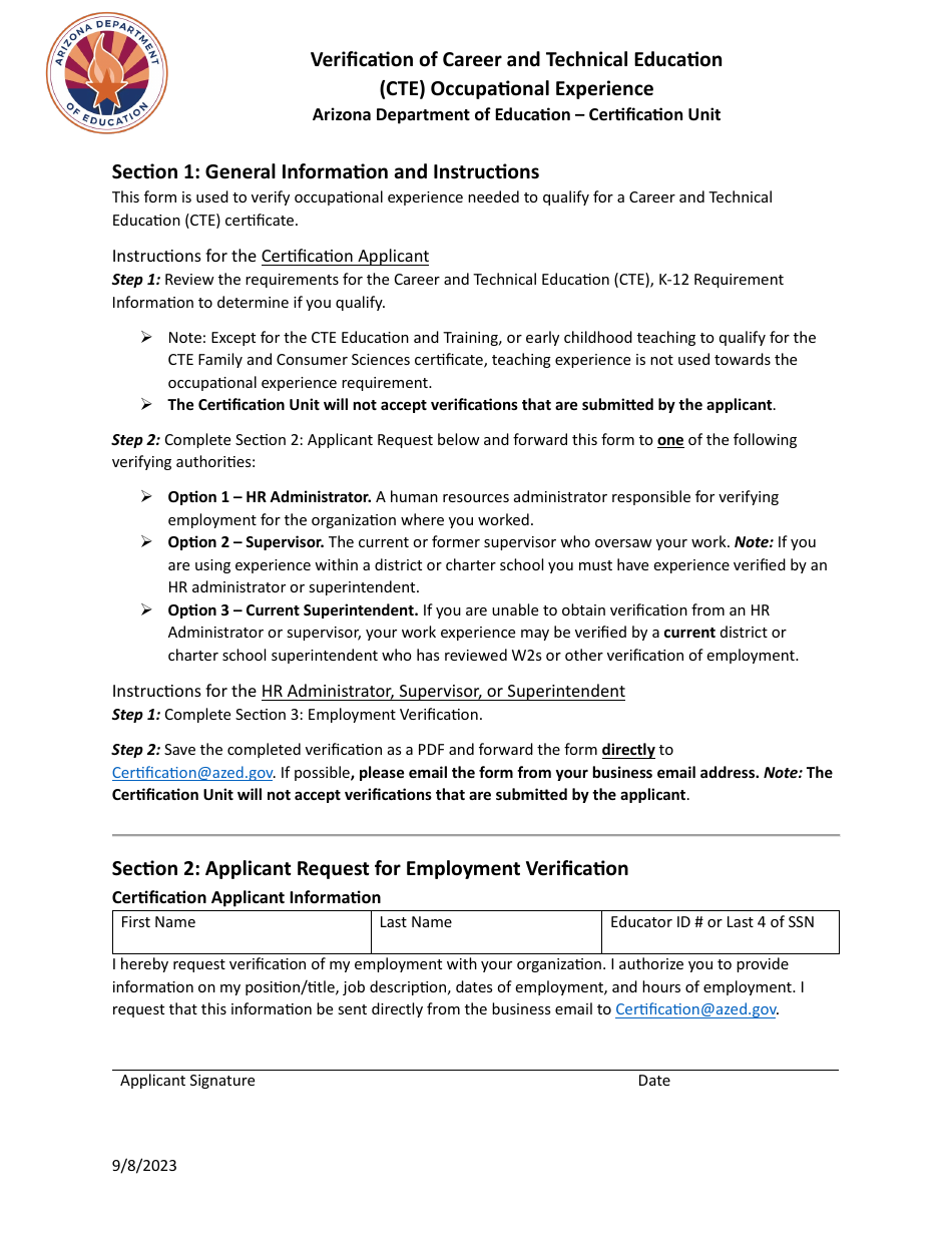 Verification of Career and Technical Education (Cte) Occupational Experience - Arizona, Page 1