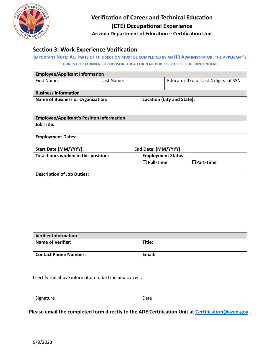 Verification of Career and Technical Education (Cte) Occupational Experience - Arizona, Page 2