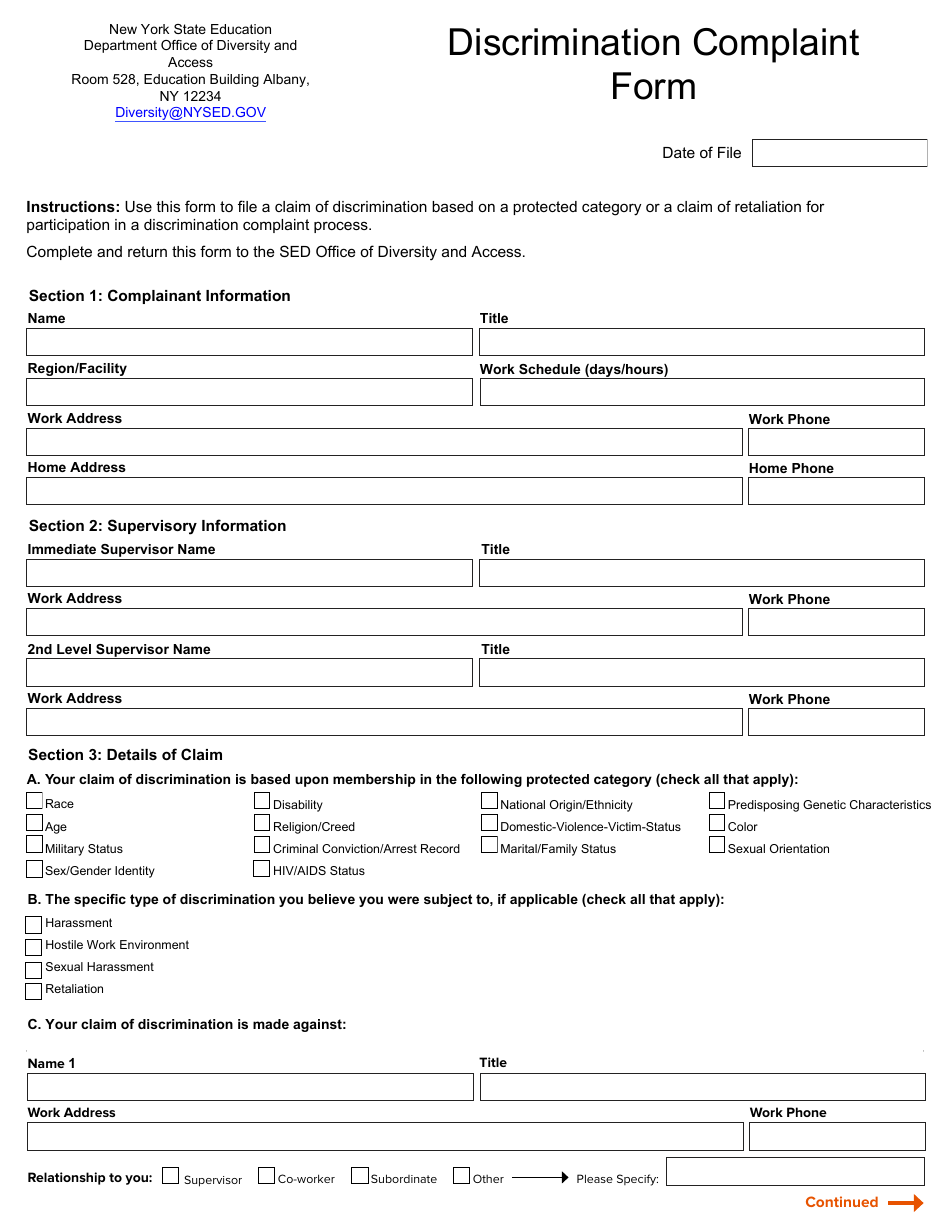 Discrimination Complaint Form - New York, Page 1