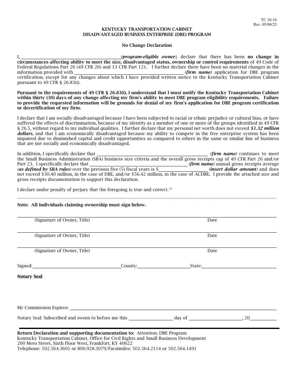 Form TC10-16 No Change Declaration - Disadvantaged Business Enterprise (Dbe) Program - Kentucky, Page 1