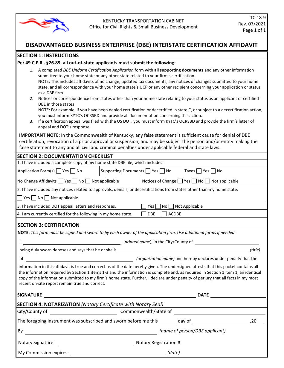Form TC18-9 Interstate Certification Affidavit - Disadvantaged Business Enterprise (Dbe) - Kentucky, Page 1