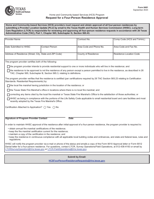 Form 8491 Request for a Four-Person Residence Approval - Texas