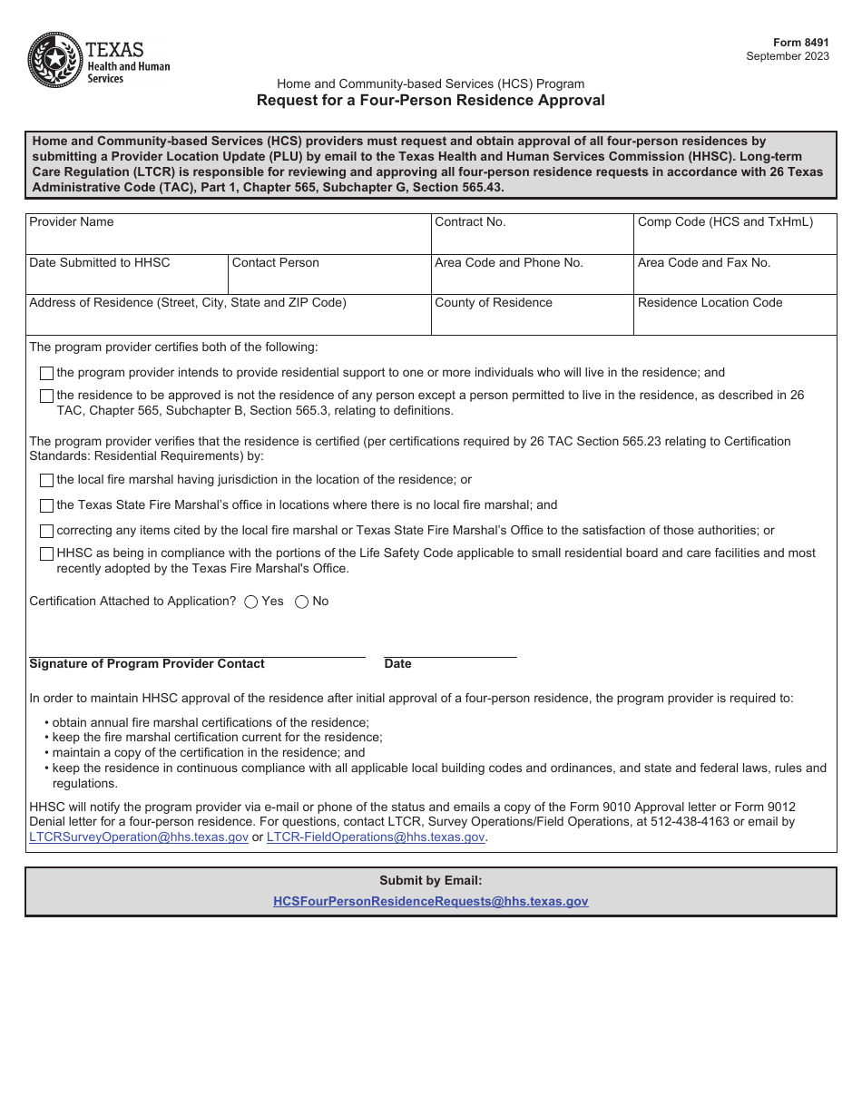 Form 8491 Request for a Four-Person Residence Approval - Texas, Page 1