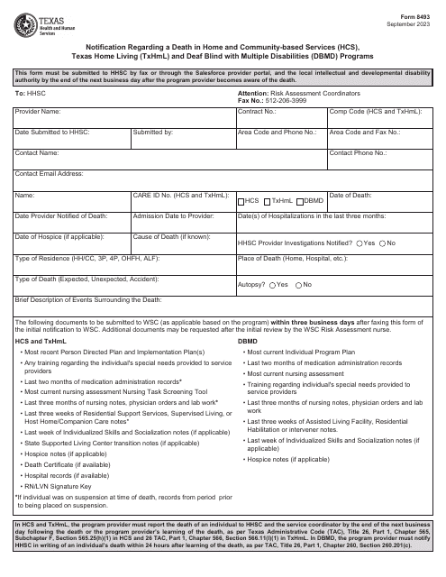 Form 8493 Notification Regarding a Death in Home and Community-Based Services (Hcs), Texas Home Living (Txhml) and Deaf Blind With Multiple Disabilities (Dbmd) Programs - Texas