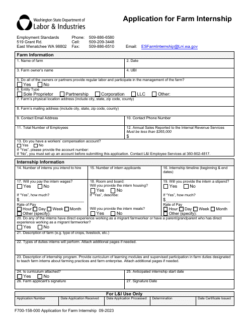 Form F700-158-000 Application for Farm Internship - Washington